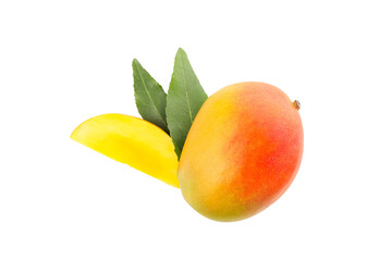 Vibrant mango with fresh green leaves, isolated on white, PNG