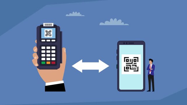 A hand holding a POS terminal and a man holding a smartphone with a QR code  cartoon animation