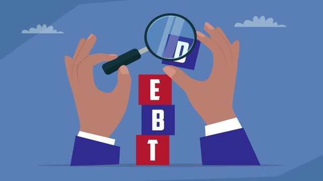 Hands holding a magnifying glass over the word 'DEBT' on a stack of blocks, a concept for debt analysis, financial review, or business problem sign cartoon animation