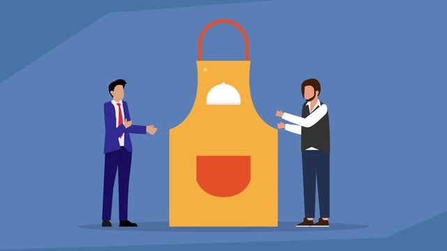 Two business people looking at a man standing in front of a giant apron with a covered plate, a concept for food business, catering, or culinary industry sign cartoon animation