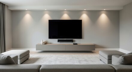 Elegant Minimalist Media Room with Symmetrical Spotlights and Floating Console