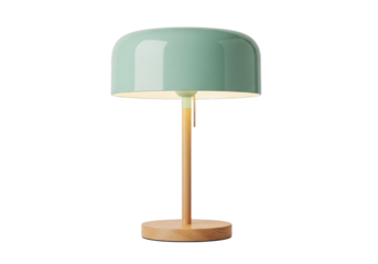 Minimalist and modern mint green metal table lamp with a natural wooden stand and base, isolated on white and transparent background for contemporary interior designs
