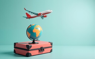 Airplane flying over suitcase with globe for world tourism day celebration. High quality