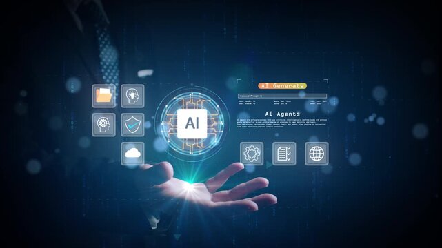 Businessman interacting with AI agent interface using futuristic holographic icons, representing artificial intelligence in business technology. - Powered by Adobe