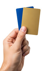 Male hand holding two blank credit cards, one blue and one gold, isolated on white and transparent background for banking and financial services