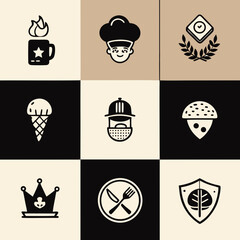 Collection of nine stylized black and white icons representing food cooking and royalty on a grid background