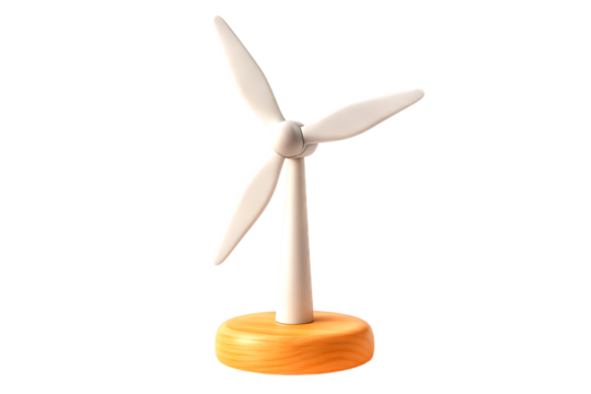 3D wind turbine model png . Eco energy icon with wooden base. Windmill for green energy isolated on transparent background, for ecology and sustainability concepts.