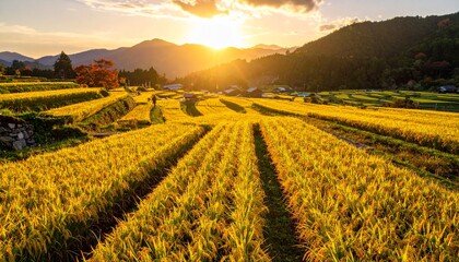 夕焼けに染まる秋の稲穂と田園
