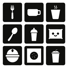 Collection of nine simple white food and drink icons on a black background