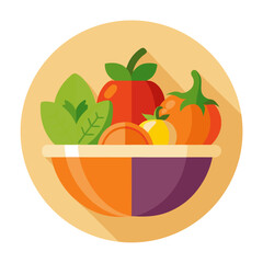 Flat design illustration of a colorful bowl filled with fresh vegetables and fruits