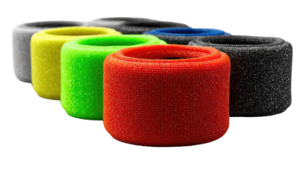 Colorful Foam Wristbands: A vibrant collection of colorful foam wristbands, each displaying a unique hue, are neatly arranged against an uncluttered backdrop.