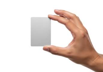 Male hand holding a blank silver vertical credit card, isolated on white and transparent background for banking and financial services