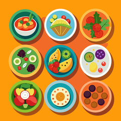 Assortment of colorful and healthy food dishes arranged in a grid on an orange background