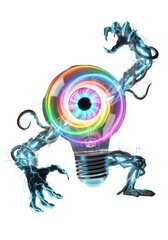 Creative glowing light bulb character with electric energy arms and legs on transparent background. It features a swirling eye within the bulb