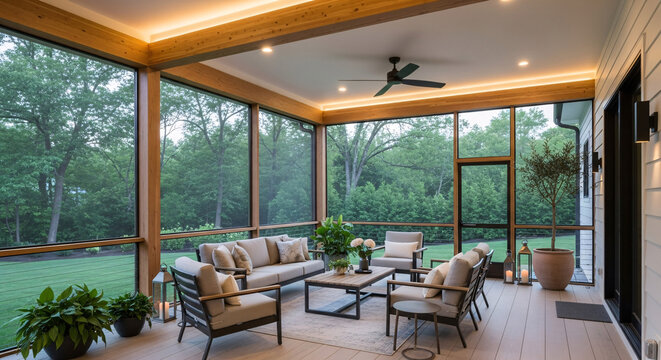 Luxurious screened porch with contemporary furniture wood beams ceiling fan and ambient cove lighting overlooking a lush backyard.
