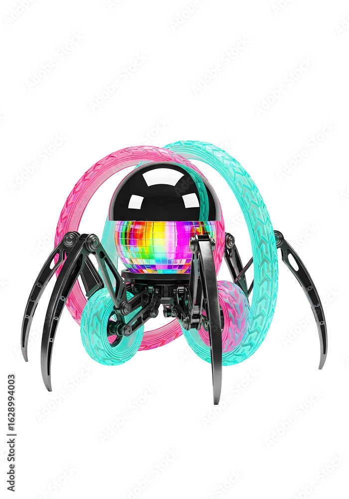Poster cybernetic robot with black body and colorful digital display with glowing pink and blue circuits on