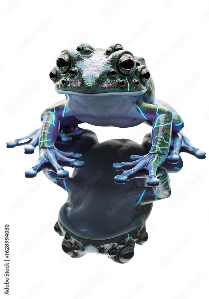 Aufkleber digital rendering of a stylized frog with multiple eyes and glowing neon accents against a transpare
