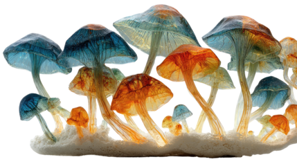 Colorful Mushroom Fantasy: Translucent mushroom caps with vibrant hues create a fantastical and enchanting display.