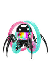 Cybernetic robot with black body and colorful digital display with glowing pink and blue circuits on transparent background.