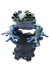 Digital rendering of a stylized frog with multiple eyes and glowing neon accents against a transparent background. The artwork showcases intricate details and a futuristic aesthetic.