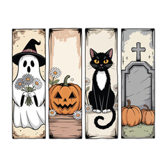 Cute Halloween panels feature ghost, black cat, gravestone, and pumpkins with rustic charm vector illustration.
