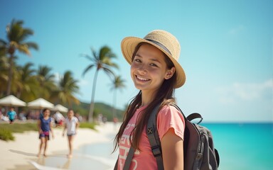 Banner for World Tourism Day with young woman. High quality