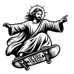Fototapeta premium Jesus Christ Skateboarding Black and White Vector Illustration