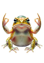 A digital illustration of a frog in a meditative pose with arms raised and hands forming a gesture against a transparent background. The amphibian has bright eyes and a vibrant skin tone.