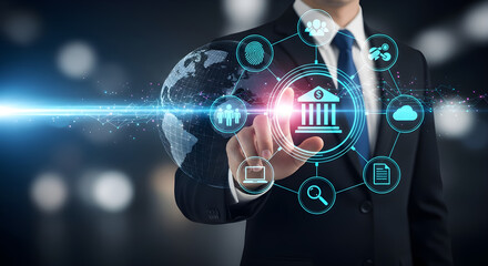 Business Man Touching Digital Bank Network Technology Globe
