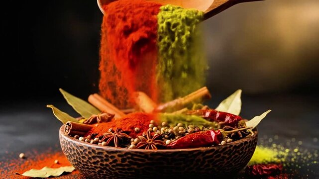 Spices falling into bowl: vibrant spice blend, culinary herbs, seasoning mix, cooking ingredients, flavor enhancer