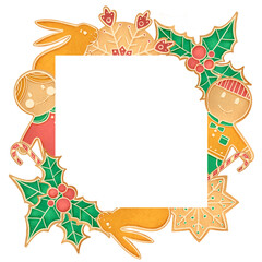 The template square frame of gingerbread on a white background for Merry Christmas. Children's style watercolor holiday's illustration.