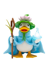 Character figurine in a fantasy wizard attire holding a staff and glowing orb against a transparent backdrop. Blue cape green hat and lotus crown.