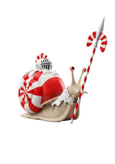 Whimsical illustration of a snail with a candy cane spear wearing festive armor set against a transparent backdrop