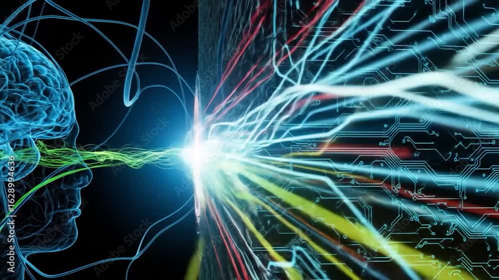 Aufkleber brain-computer interface: digital mind connection, data flow, futuristic technology