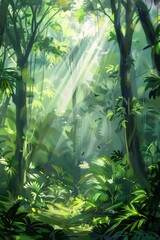 serene forest scene during a bright sunny day, featuring tall trees with vibrant green leaves and sunlight streaming through the canopy. The grassy forest floor is lush and inviting,