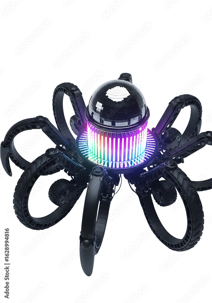 Poster futuristic black mechanical structure with a glowing orb and colorful lights against a transparent b