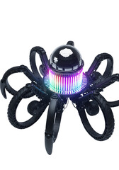 Futuristic black mechanical structure with a glowing orb and colorful lights against a transparent background. Abstract technology concept.