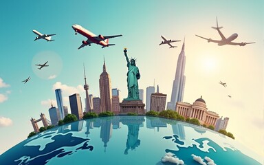 World tourism day concept with famous landmarks and airplanes flying around the world. High quality