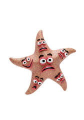 Glittery pink starfish with multiple animated faces expressing various emotions on black background.