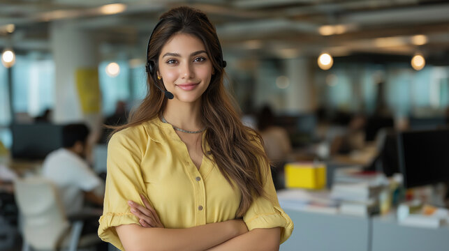 Customer service representative with headset in office call center