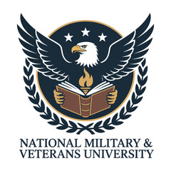 Official emblem with eagle book and laurel wreath for National Military & Veterans University vector illustration.
