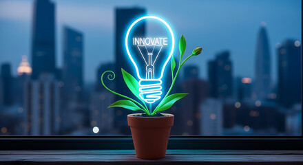 Glowing lightbulb plant on a windowsill overlooking a cityscape at dusk celebrating Krishna janmashtami with vibrant green leaves and blue illumination.