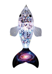 Illustration of a glowing fish with galaxy tail and body filled with stars against a black background. It's a whimsical illustration.