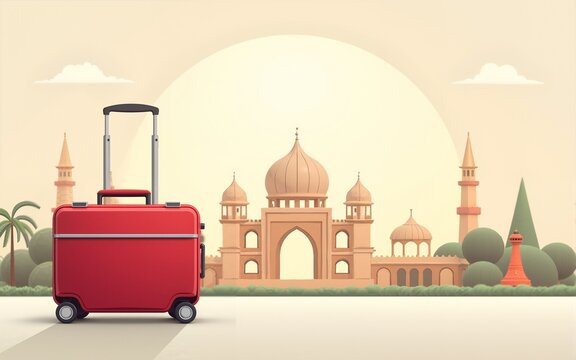 World tourism day background banner poster with red suitcase and tourist icon building on september 27. High quality