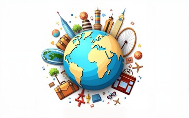 Illustration of a globe surrounded by iconic travel elements, celebrating World Tourism Day and inspiring global travel, adventure, and exploration. High quality