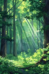 serene forest scene during a bright sunny day, featuring tall trees with vibrant green leaves and sunlight streaming through the canopy. The grassy forest floor is lush and inviting,