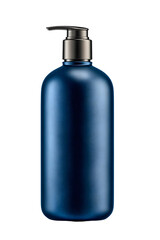 A matte dark blue pump bottle with a gunmetal dispenser is isolated on a white background. The elegant, deep color suggests a premium or men's grooming product.
