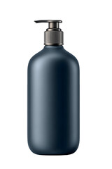 A matte dark blue pump bottle with a gunmetal dispenser is isolated on a white background. The elegant, deep color suggests a premium or men's grooming product.