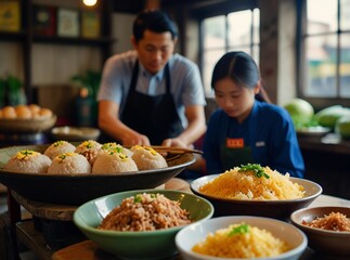 Naklejka premium Father and child preparing delicious food together in a kitchen