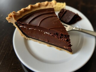 Decadent slice of rich chocolate pie on a white plate
